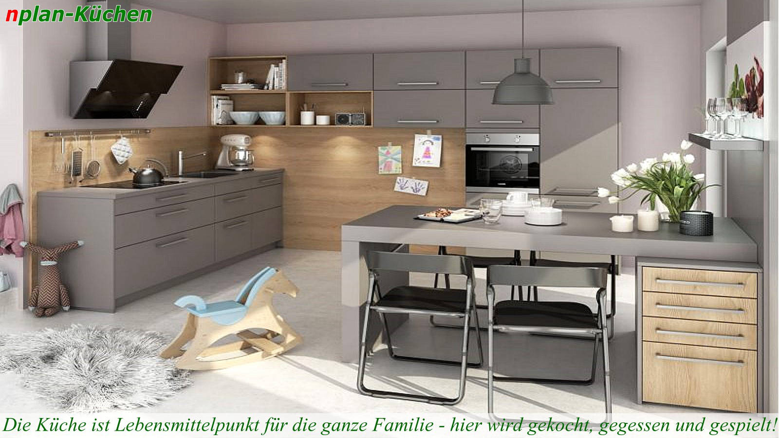 Küchenlinie Basica - Moderne L-Küche in Grau kombiniert mit hellem Holz