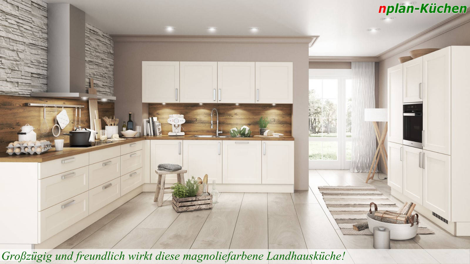 Küchenlinie Basica - Großzügige magnoliefarbene Landhausküche