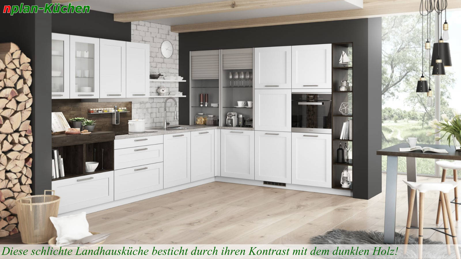 Küchenlinie Basica - Strahlend weiße Landhausküche kombiniert mit dunklem Holz