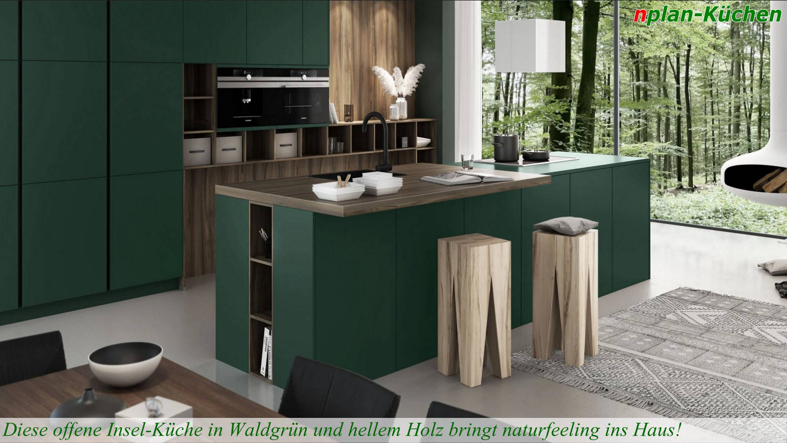 Küchenlinie Passiona - Offene Inselküche in waldgrün und hellem Holz