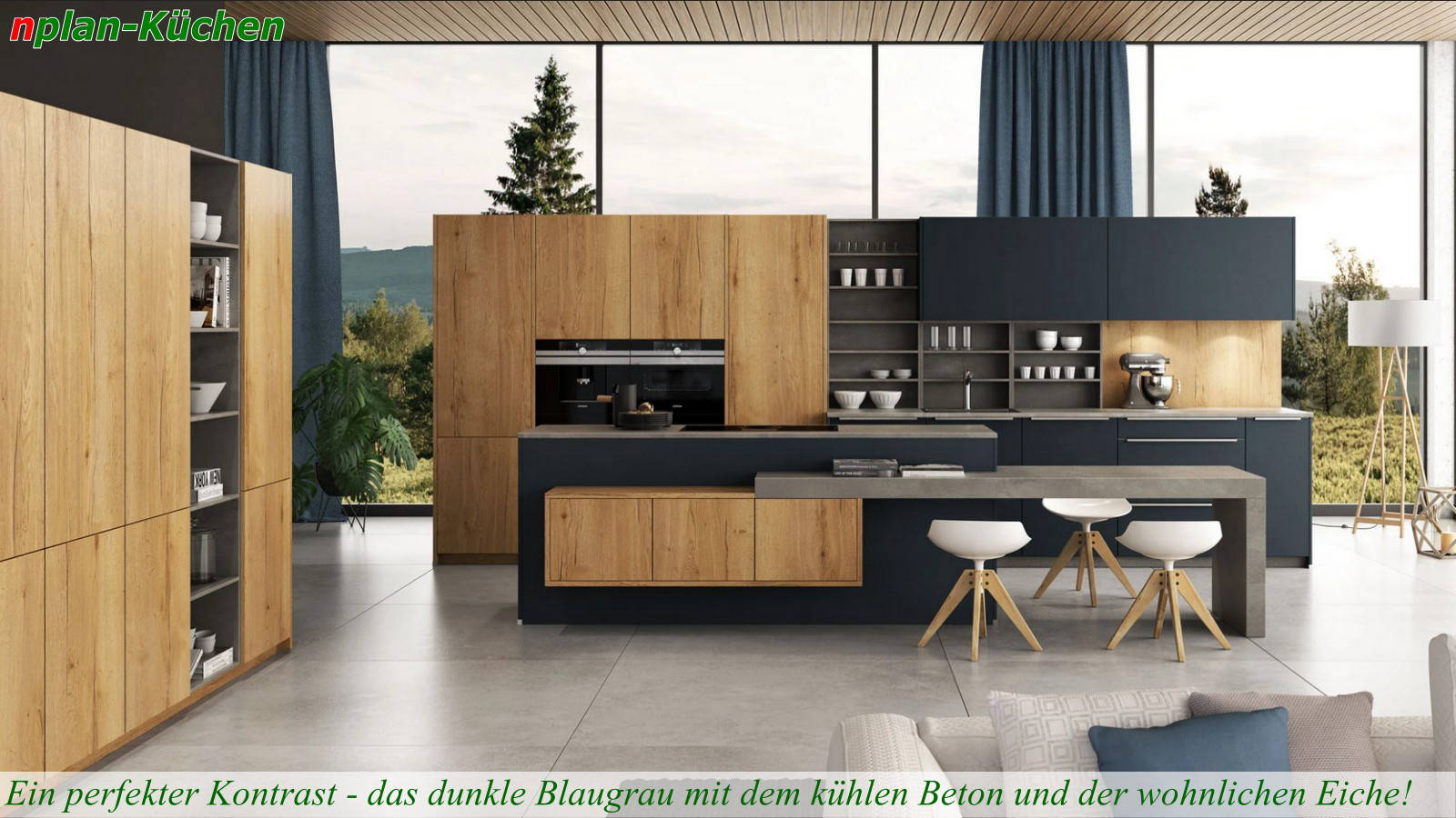 Küchenlinie Passiona - Perfekter Kontrast: Dunkles Blaugrau mit hellem Beton und Eiche